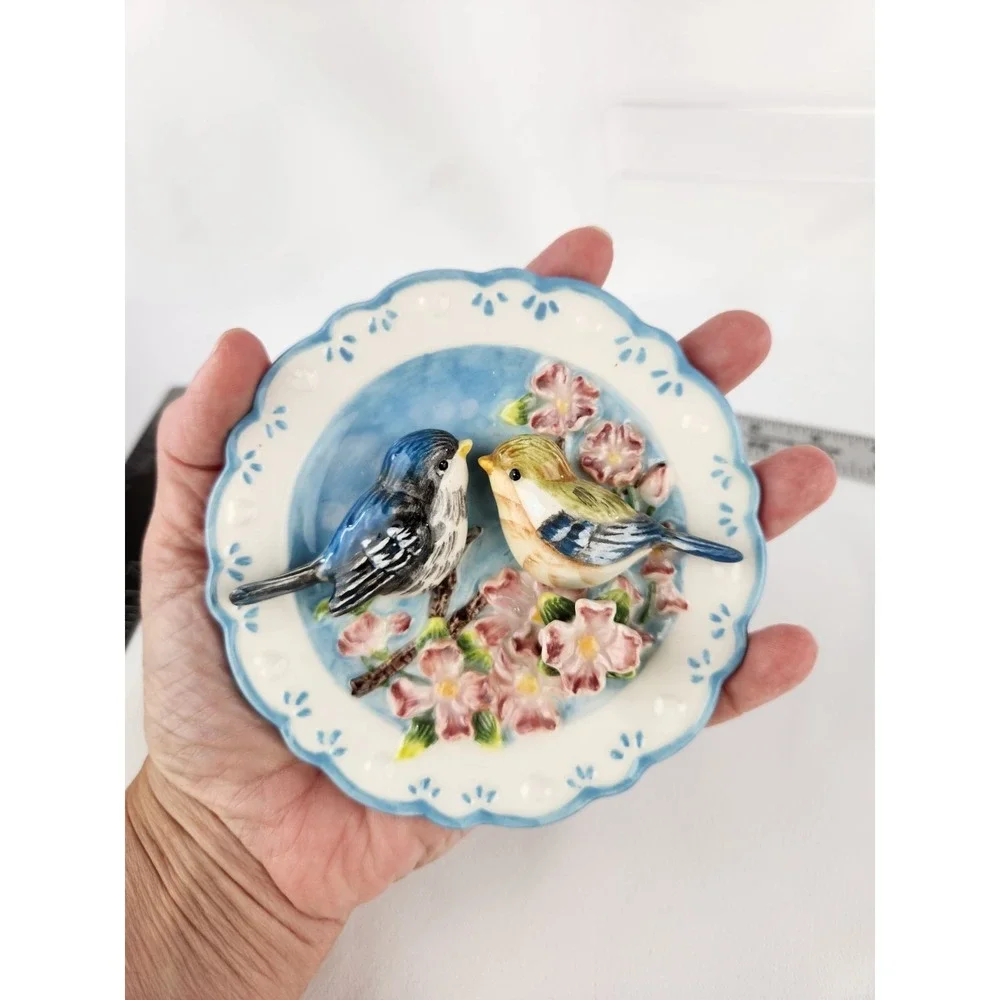 Ganz Porcelain 3D Birds Plate Pink Flowers Scallop Wall Hanging Bluebirds Floral